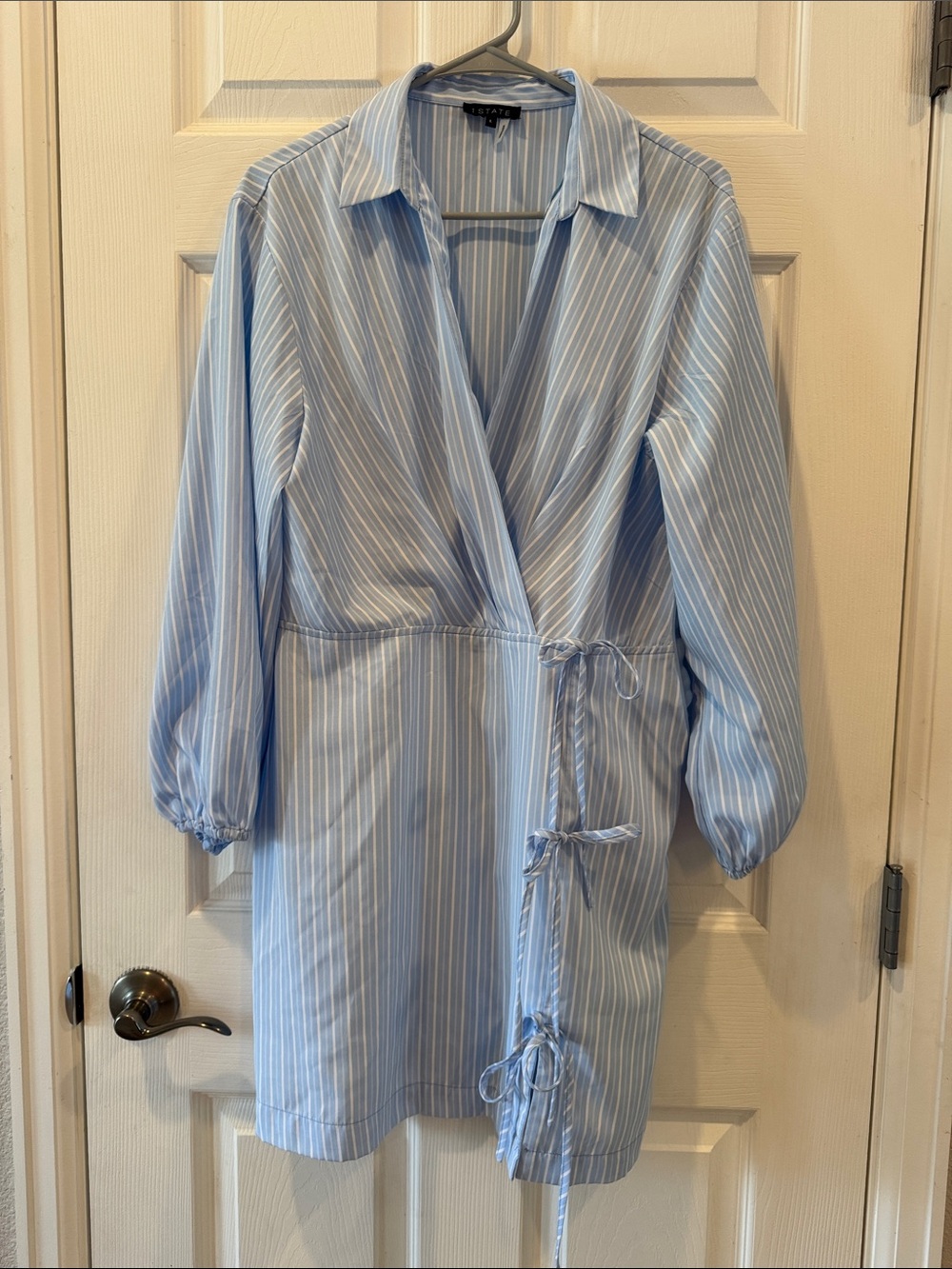 New 1 State Light Blue and White Striped faux Wrap-Style Mini Dress Large